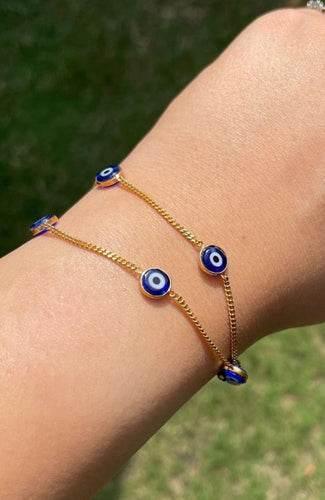 Evil Eye Bracelet On Double Gold Chain in 18k gold - Jewelslane