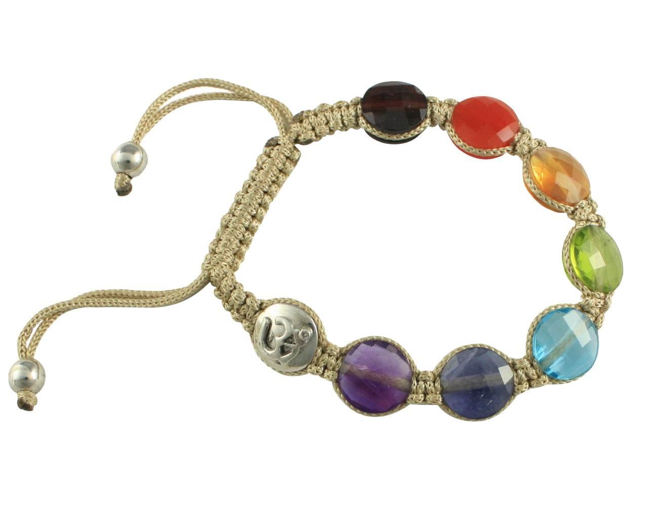 Om Bracelet in Silver with Single Diamond & 7 Chakra Color Stones - Jewelslane