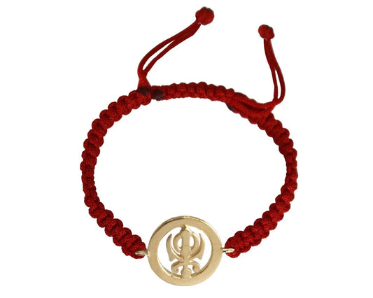 Gold Plated Khanda Rakhi in Sterling Silver On Size Adjustable Thread Bracelet - Jewelslane