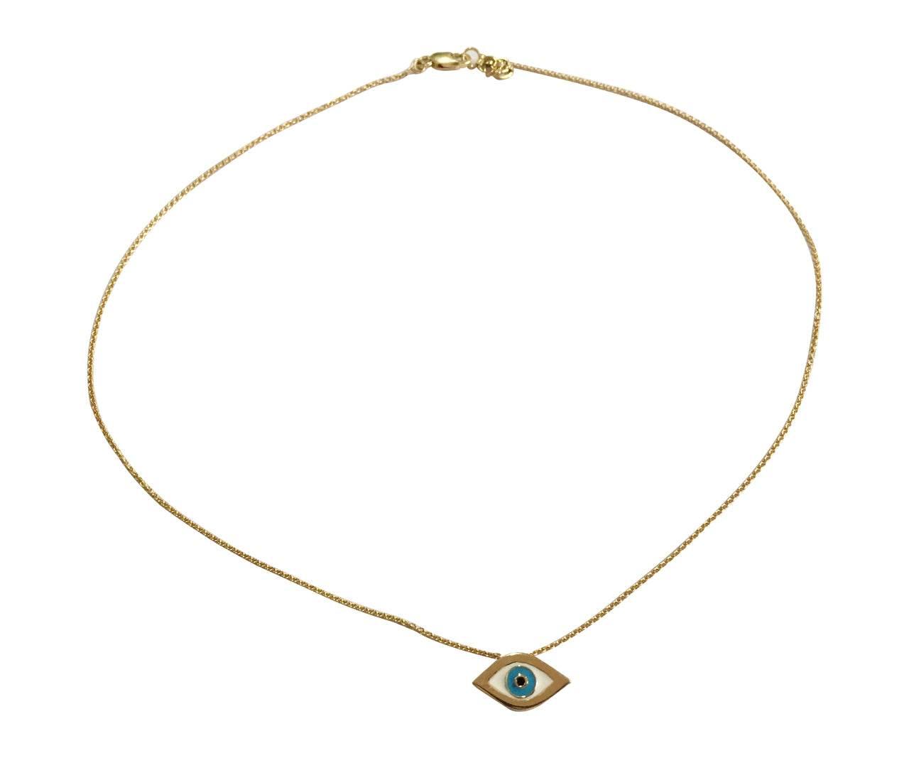 Evil Eye Charm Pendant in 14k gold on fine thin Gold Chain with adjustable lock - Jewelslane