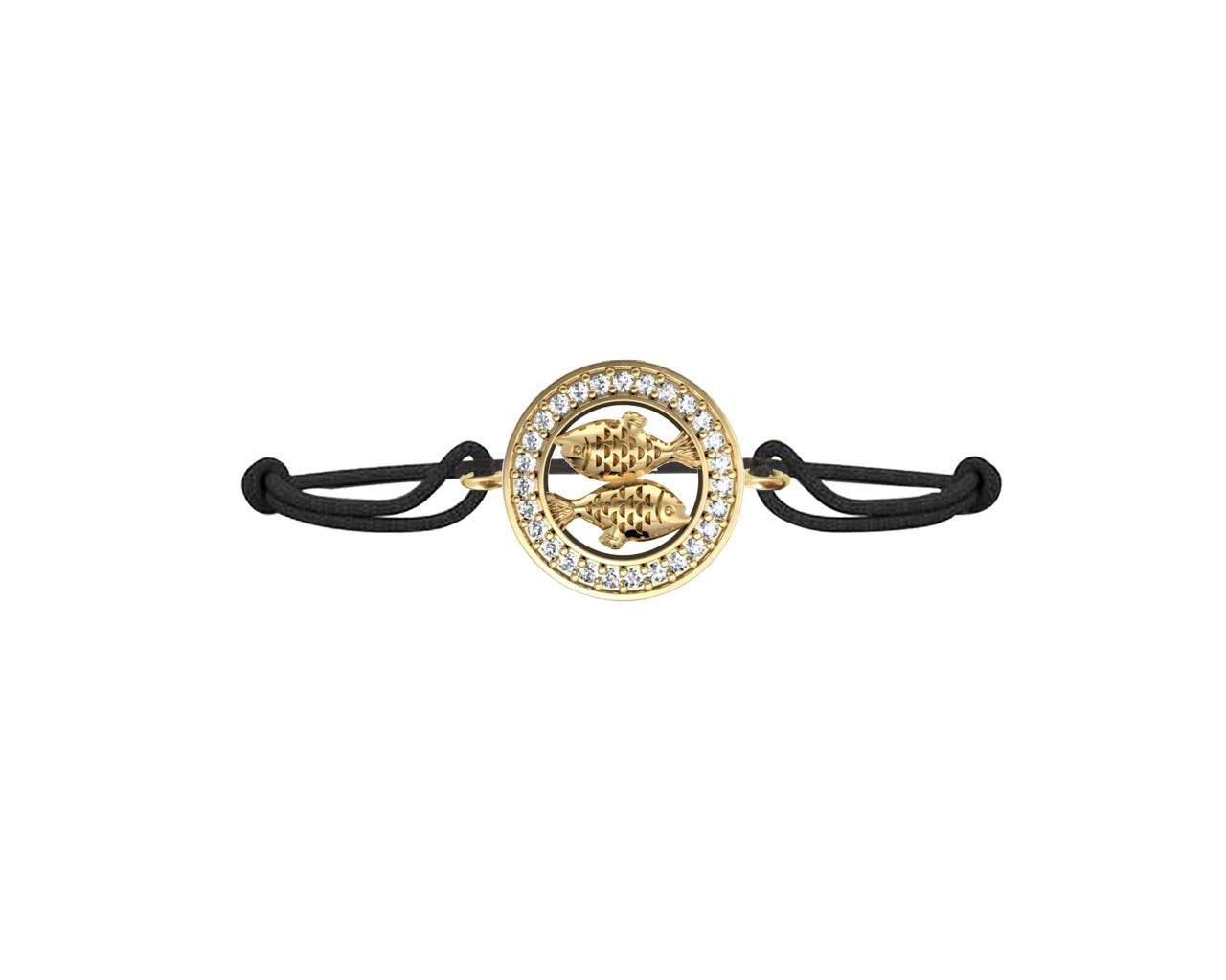 Pisces Bracelet in 14kt Gold with Diamonds On Size Adjustable Nylon Thread - Jewelslane