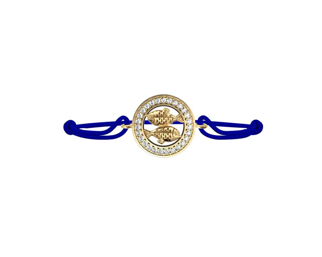 Pisces Bracelet in 14kt Gold with Diamonds On Size Adjustable Nylon Thread - Jewelslane