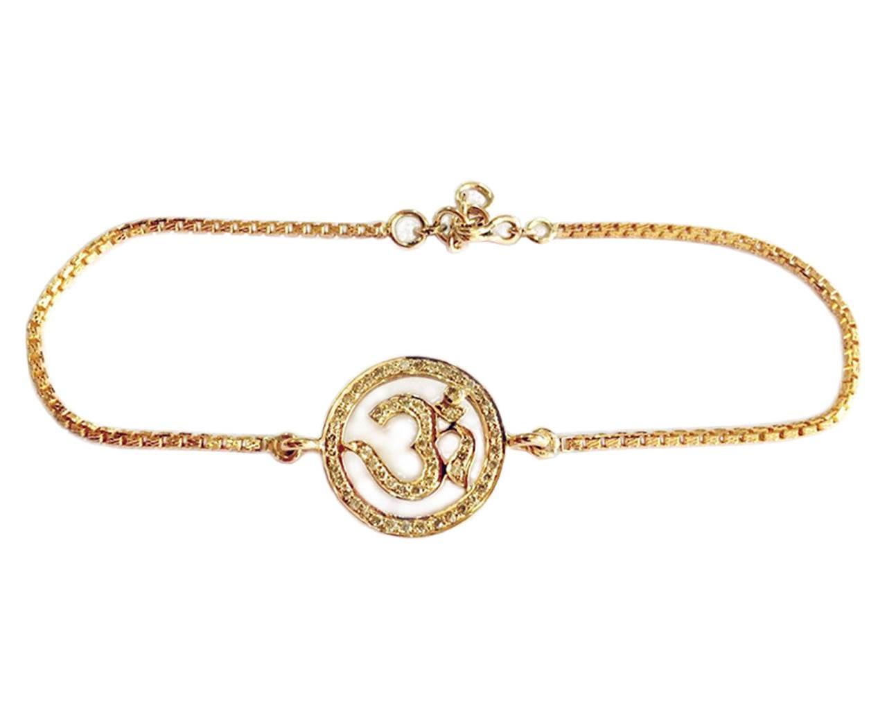 Auspicious Aum Full diamond bracelet 18mm on Gold chain - Jewelslane