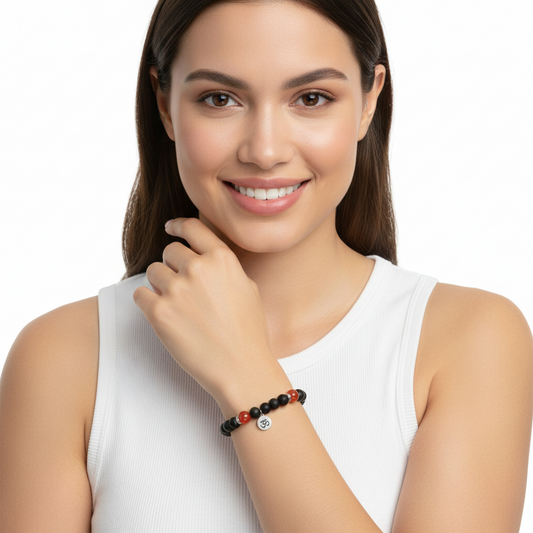Aumkaara Motivational Bracelet with Black onyx and Carnelian - Jewelslane
