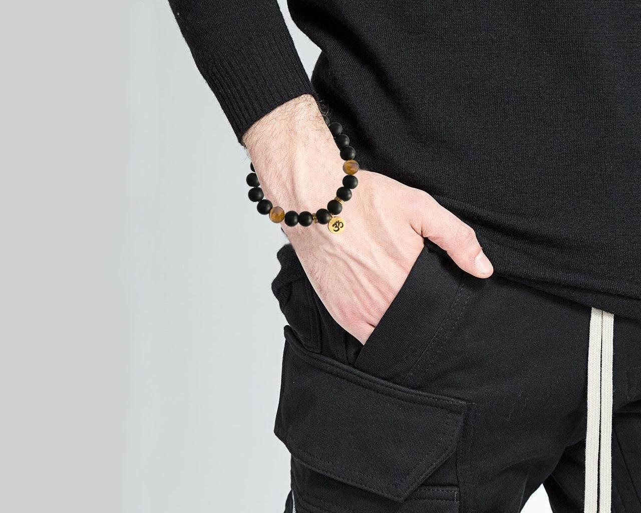 Aumkaara Positivity Bracelet with Tiger’s eye & Black onyx in gold - Jewelslane