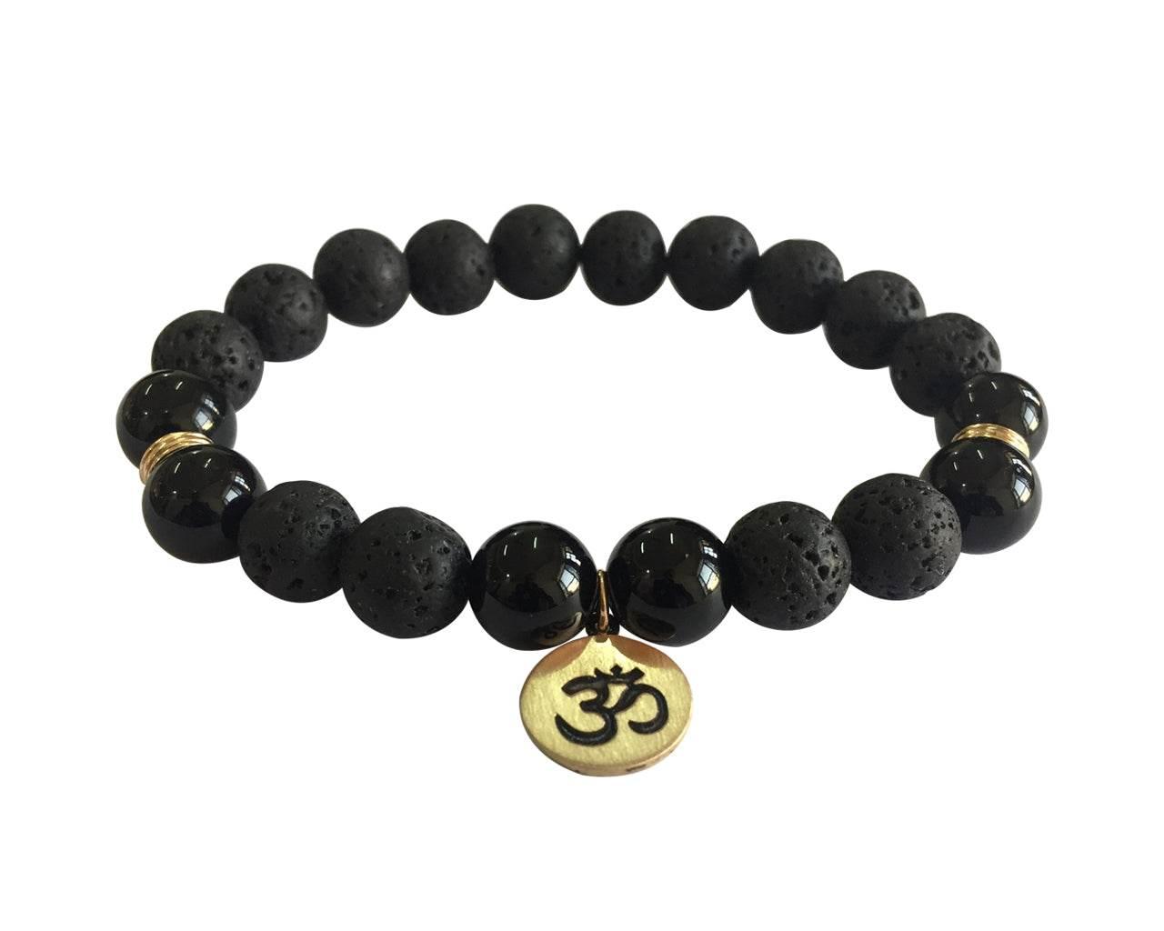 Aumkaara Stability bracelet with Lava Beads & Black onyx in gold - Jewelslane