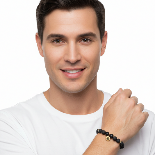 Aumkaara Stability bracelet with Lava Beads & Black onyx in gold - Jewelslane