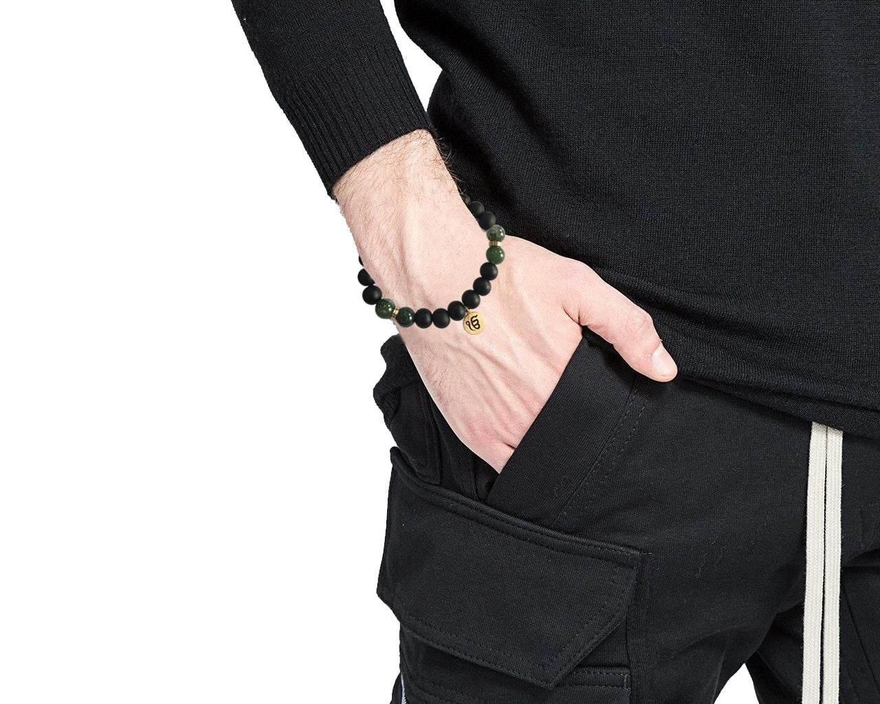 IK ONKAAR Balance bracelet with Moss Agate and black onyx in gold - Jewelslane