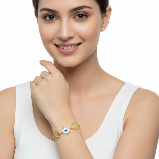Auspicious Om, Evil Eye and Guruji Bracelet in gold with diamonds - Jewelslane