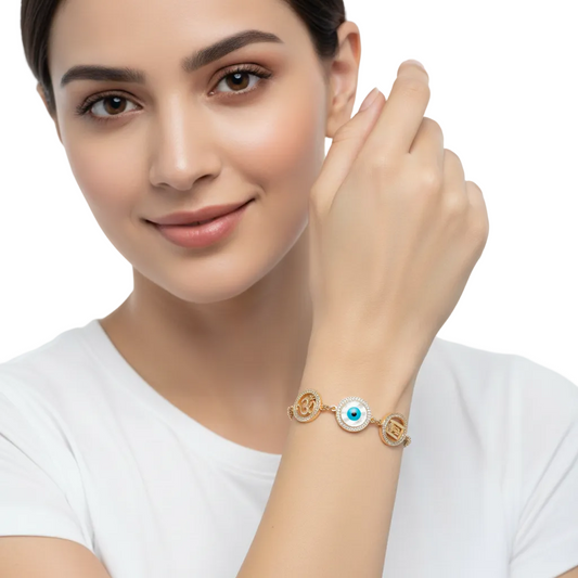 Auspicious Om, Evil eye and Shiv Trishul Gold bracelet with diamonds - Jewelslane