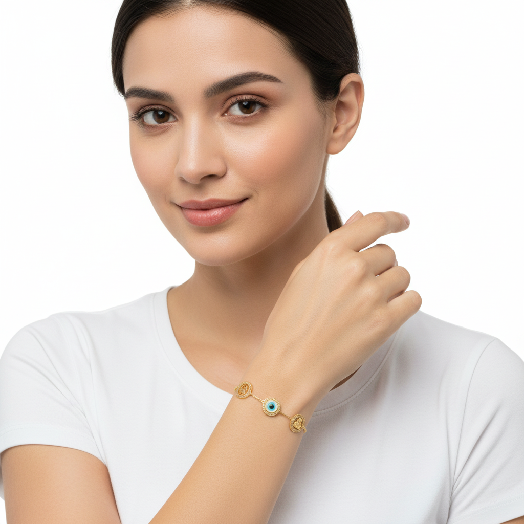 Evil eye, Aum, Ganesh & Sairam Bracelet in gold & diamonds with 12mm charms - Jewelslane