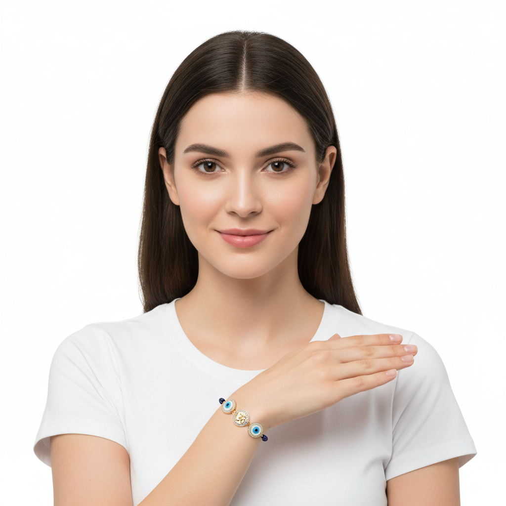 Evil eye and Aum 12mm charm bracelet on black beads for New born - Jewelslane