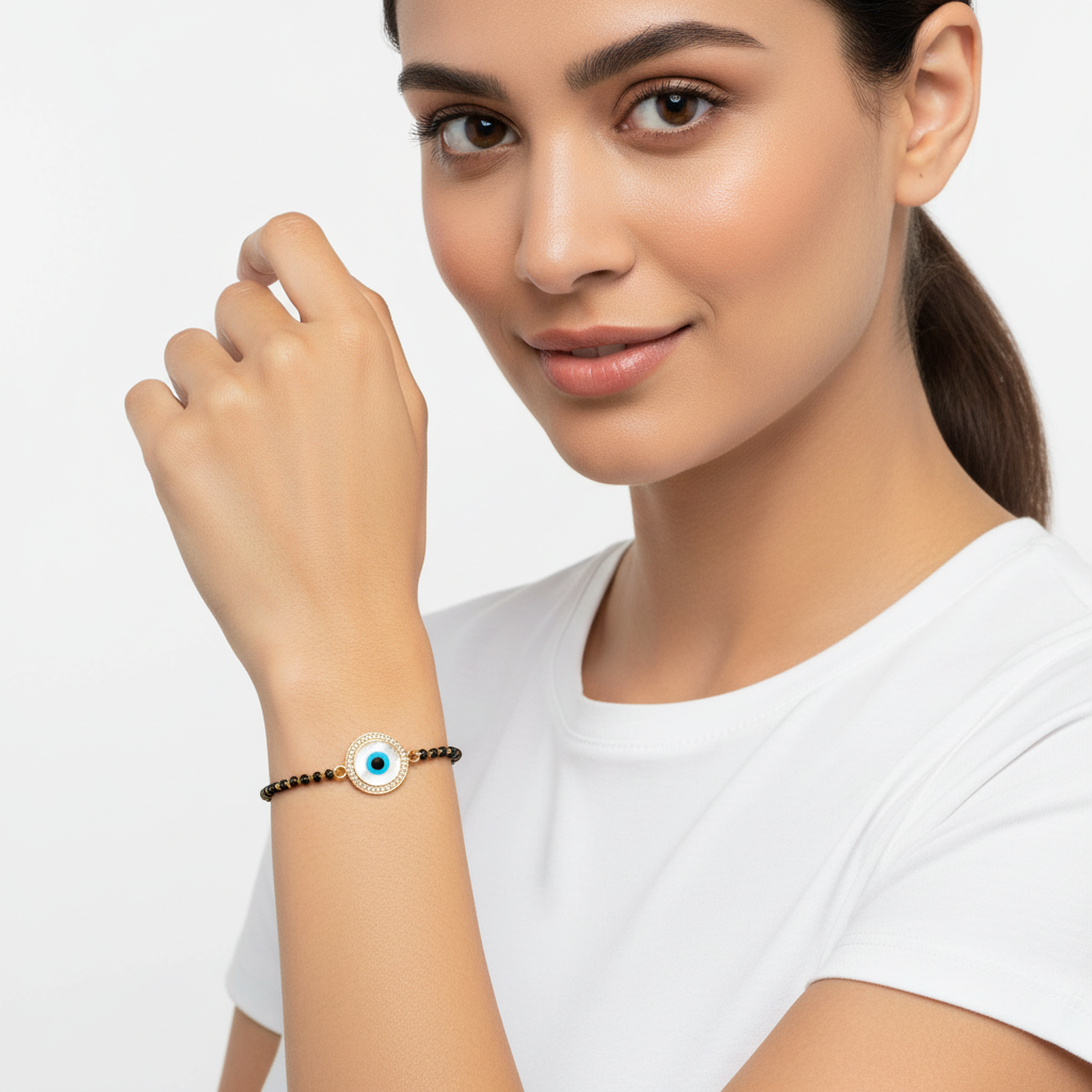 Evil eye bracelet on Mangalsutra chain in gold - Jewelslane