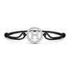 Silver diamond alphabet H bracelet with black adjustable cord on white background