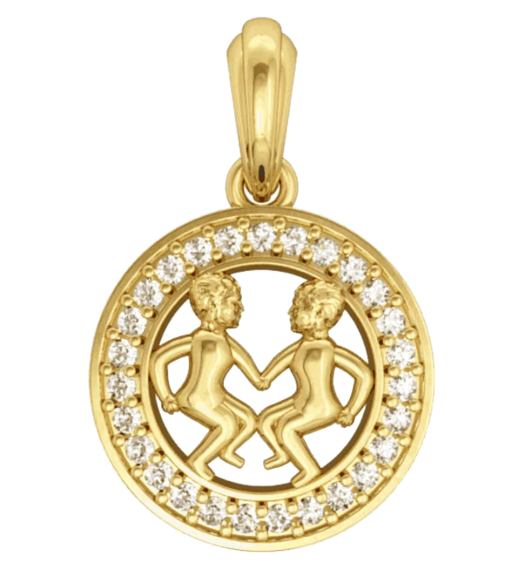 Gemini Charm Pendant in 14K Gold Studded with Diamonds with Leather Cord - Jewelslane
