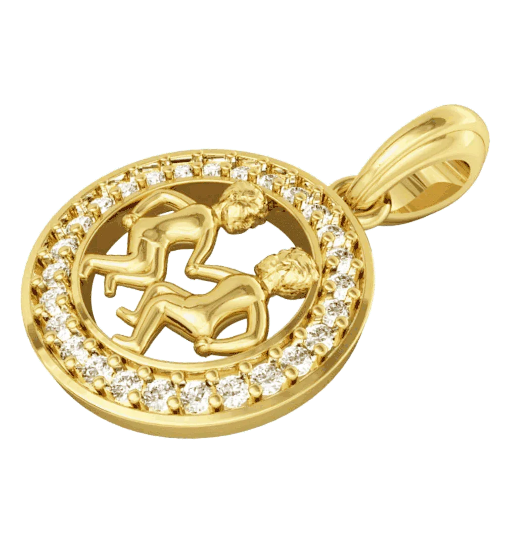 Gemini Charm Pendant in 14K Gold Studded with Diamonds with Leather Cord - Jewelslane