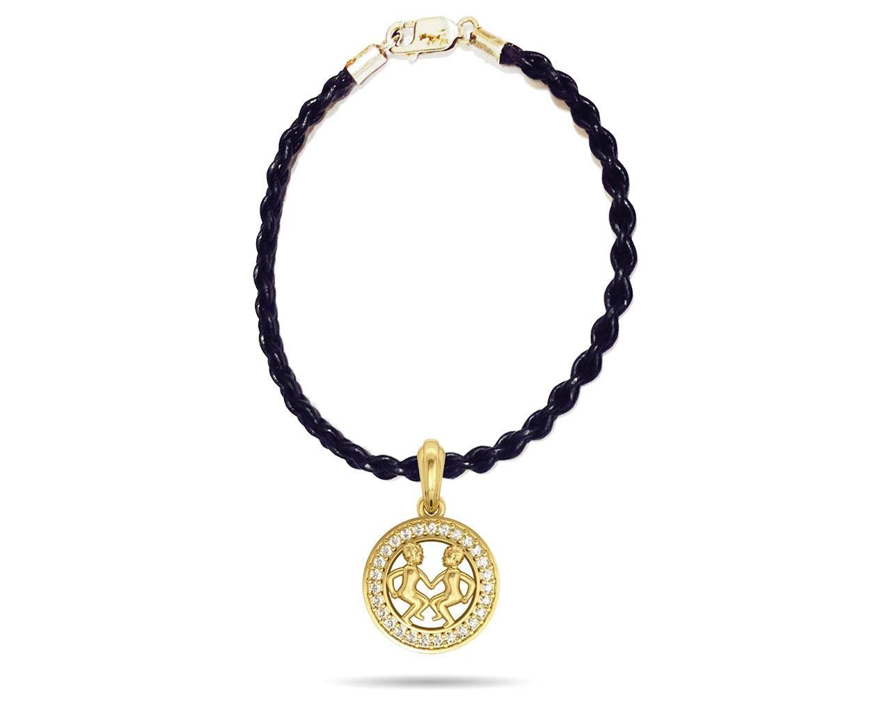 Gemini Charm Pendant in 14K Gold Studded with Diamonds with Leather Cord - Jewelslane