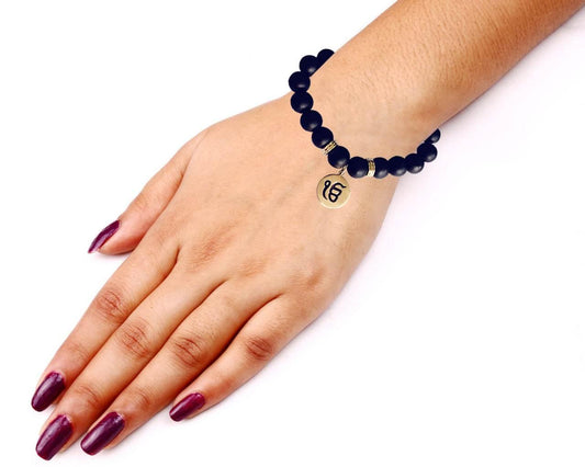 Gold Ik onkar bracelet in 14k on onyx beads - Jewelslane