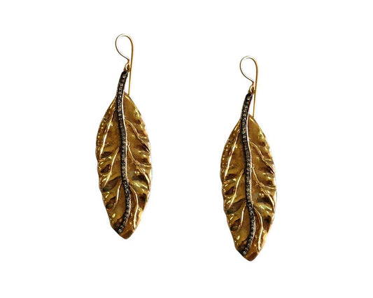 Gold plated silver earring in Classic Leaf design with diamonds - Jewelslane