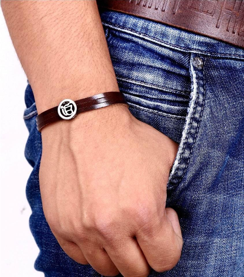 Ik Onkaar Leather Bracelet In Silver - Jewelslane