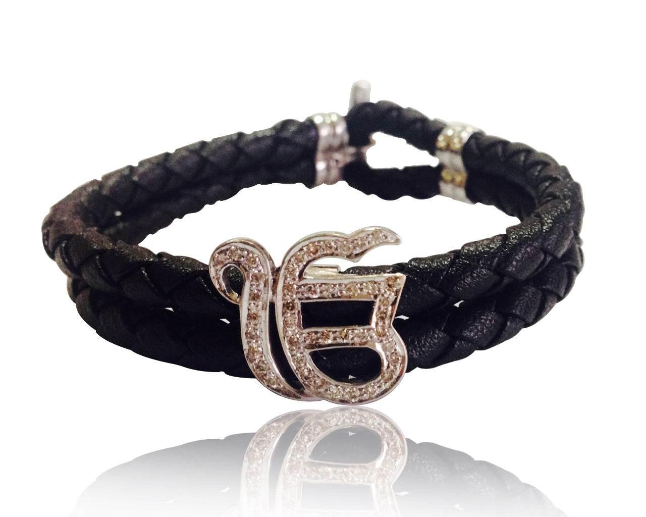 Ik onkaar leather bracelet with diamonds In Gold - Jewelslane