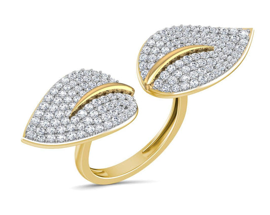 Myra Delicate diamond double finger Leaf ring in gold - Jewelslane
