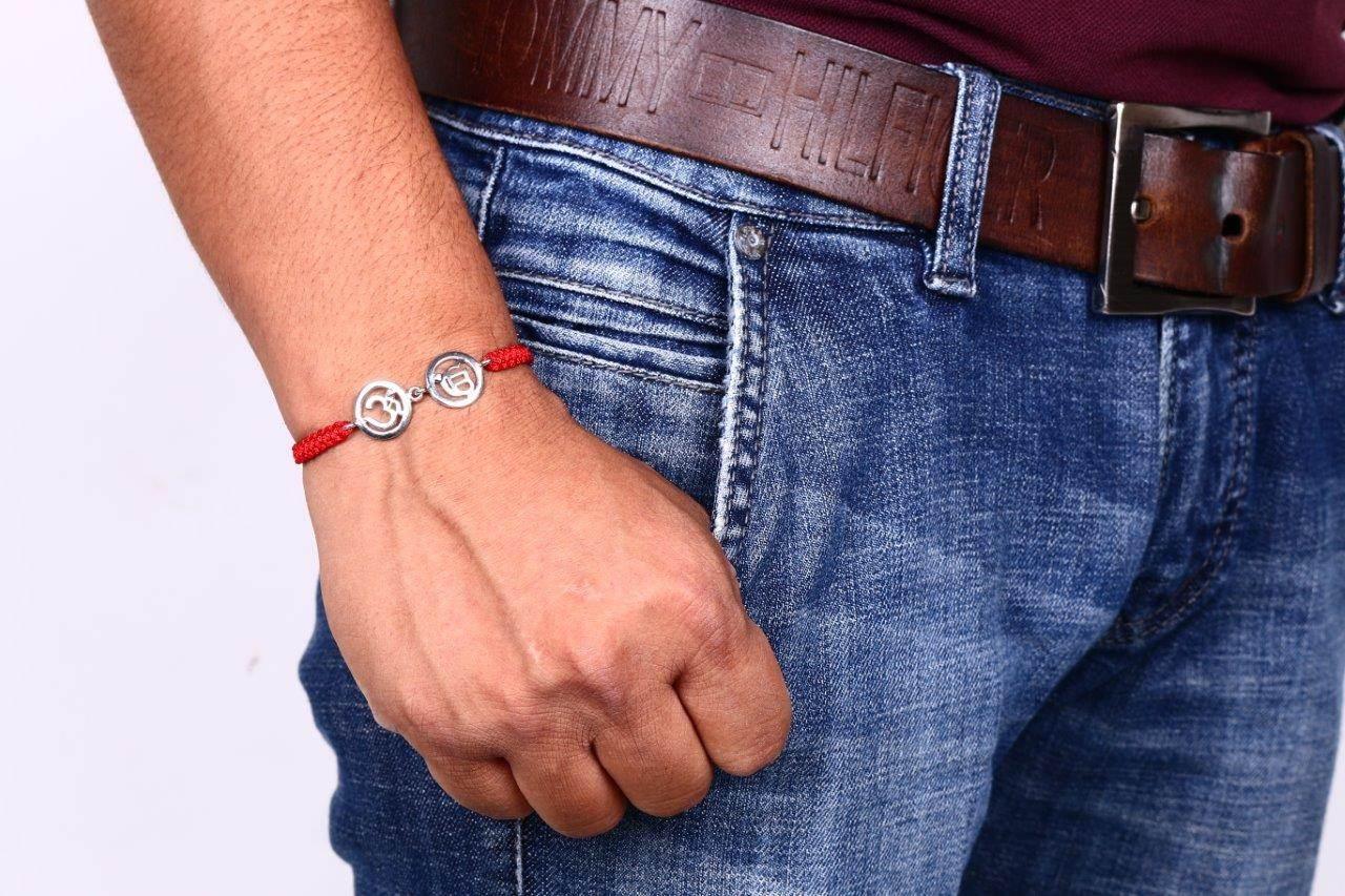 Om & Ik Onkaar Bracelet in Silver with Diamonds on Nylon thread - Jewelslane