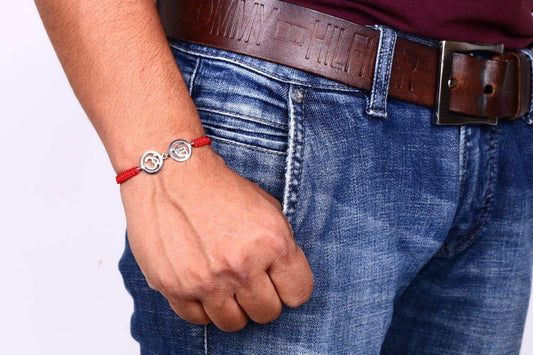 Om & Ik Onkaar Bracelet in Silver with Diamonds on Nylon thread - Jewelslane