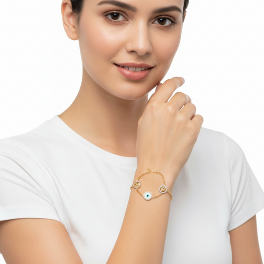 Om, Ik Onkar & Evil Eye bracelet in 14k gold - Jewelslane