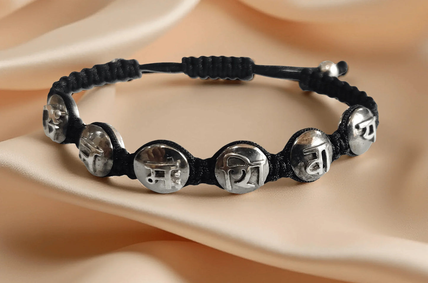 Om Namah Shivay Mantra Bracelet in Two Tone Silver Beads - Jewelslane