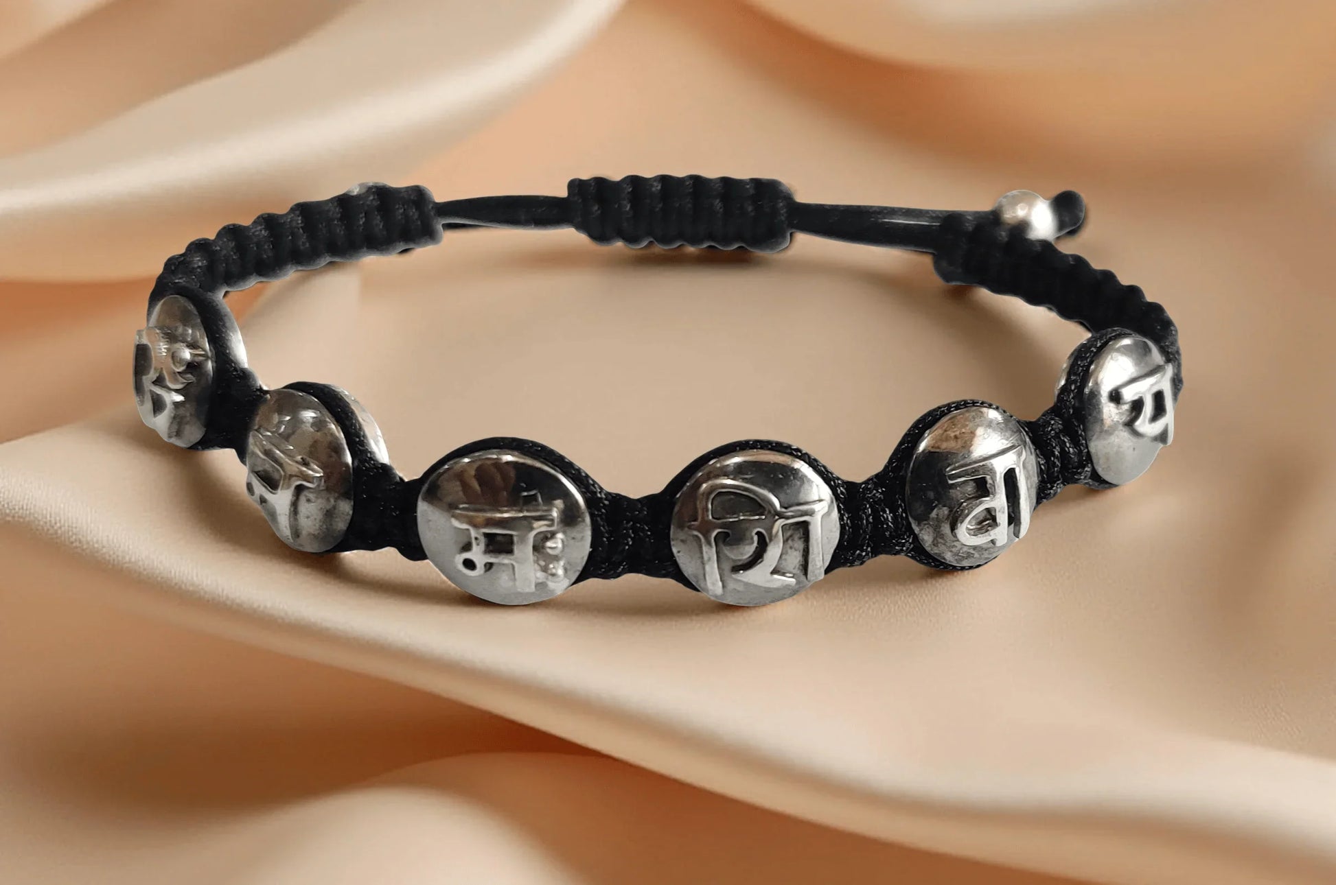 Om Namah Shivay Mantra Bracelet in Two Tone Silver Beads - Jewelslane