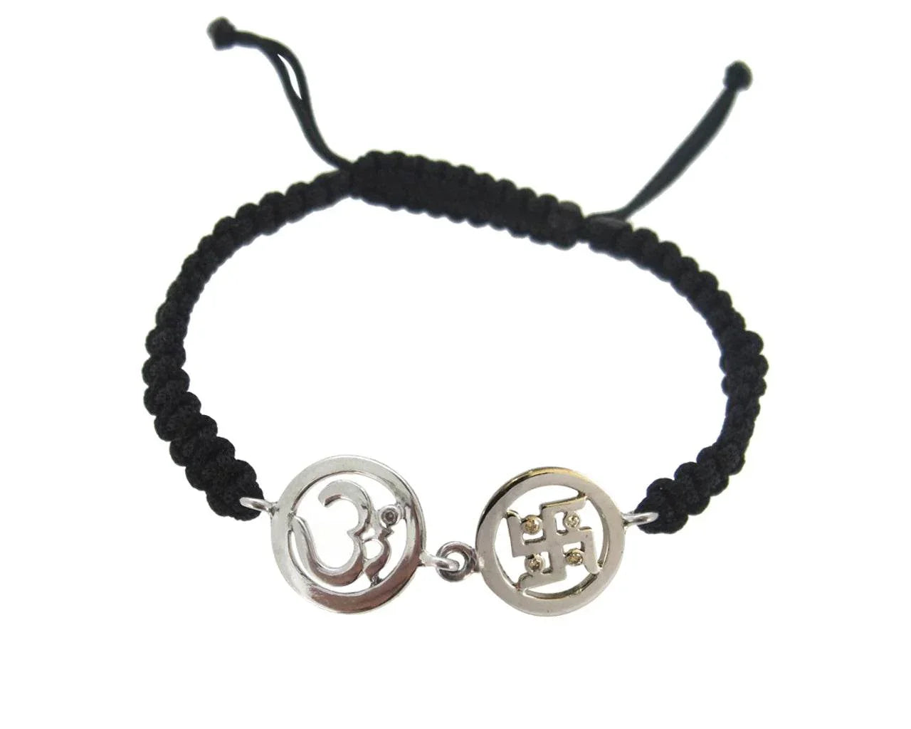 Om & Swastik Bracelet in Silver with Diamonds on Nylon thread - Jewelslane