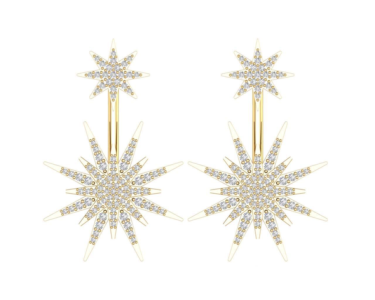 Paige Designer Star earrings front & suspended from lobe in 18k gold with diamonds - Jewelslane