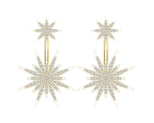 Paige Designer Star earrings front & suspended from lobe in 18k gold with diamonds - Jewelslane