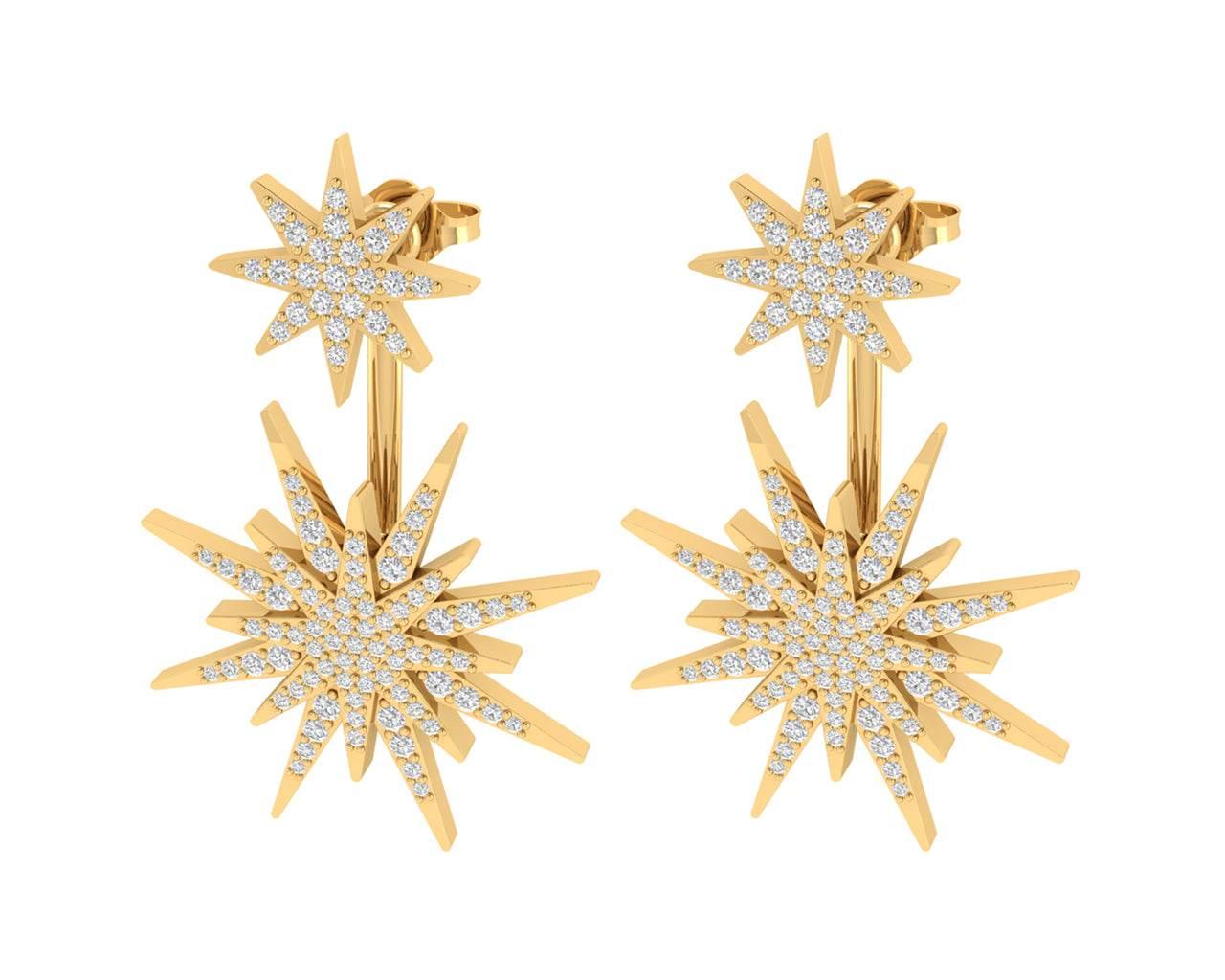 Paige Designer Star earrings front & suspended from lobe in 18k gold with diamonds - Jewelslane