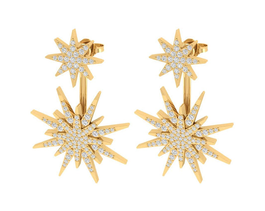 Paige Designer Star earrings front & suspended from lobe in 18k gold with diamonds - Jewelslane