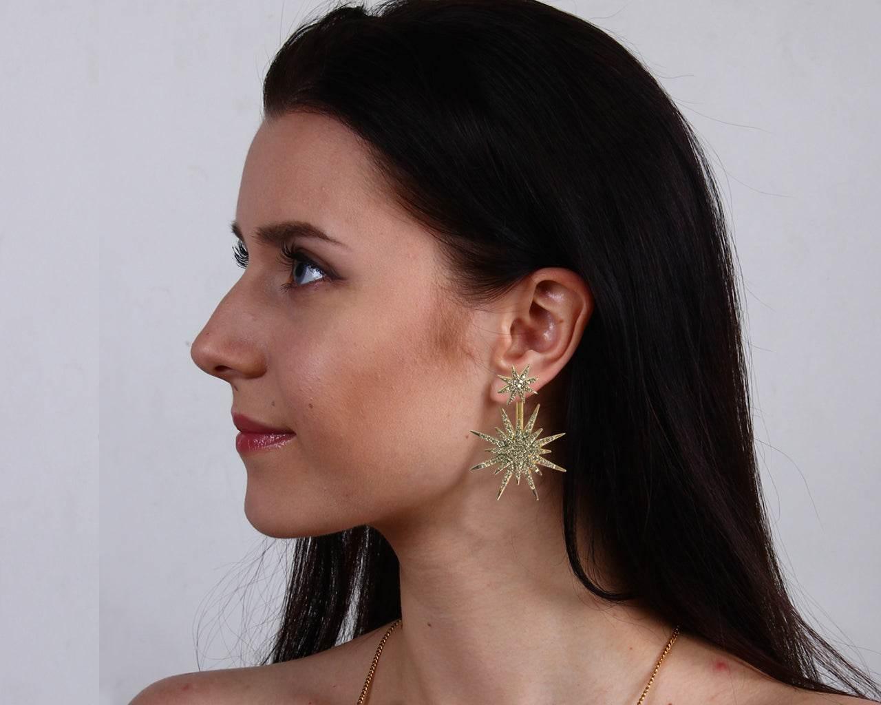 Paige Designer Star earrings front & suspended from lobe in 18k gold with diamonds - Jewelslane