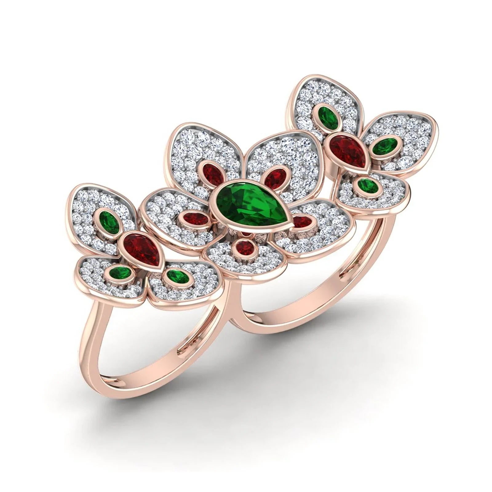 Remy Double finger Ring in Gold with diamonds, ruby & emerald - Jewelslane