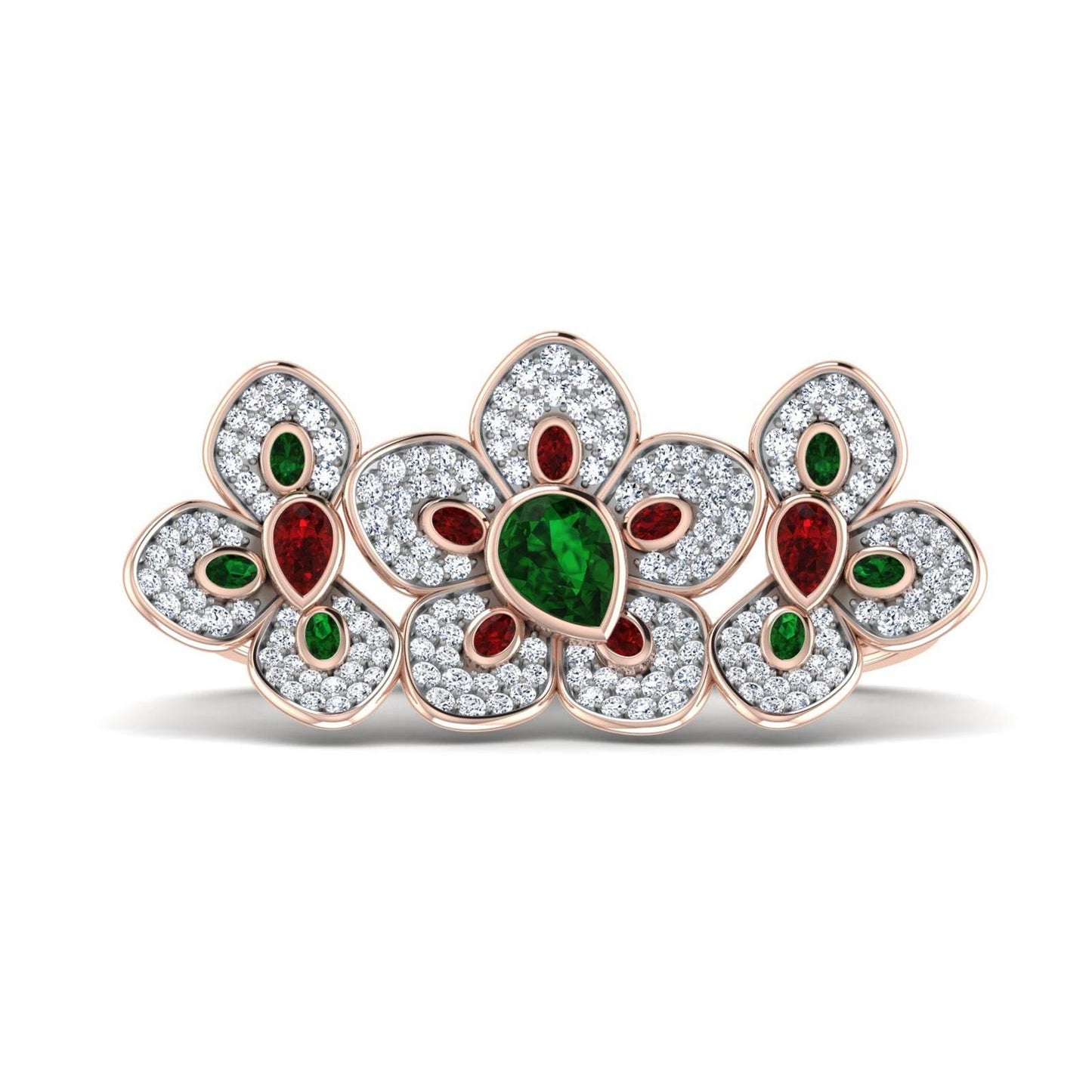Remy Double finger Ring in Gold with diamonds, ruby & emerald - Jewelslane