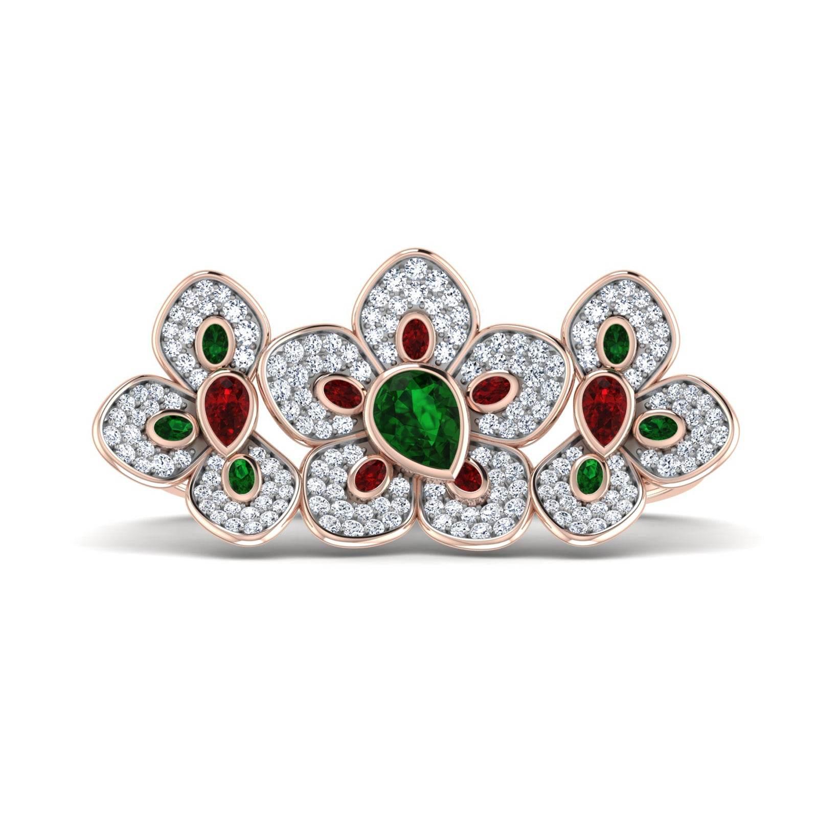 Remy Double finger Ring in Gold with diamonds, ruby & emerald - Jewelslane