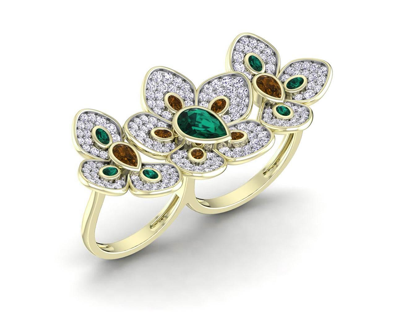 Remy Double finger Ring in Gold with diamonds, ruby & emerald - Jewelslane