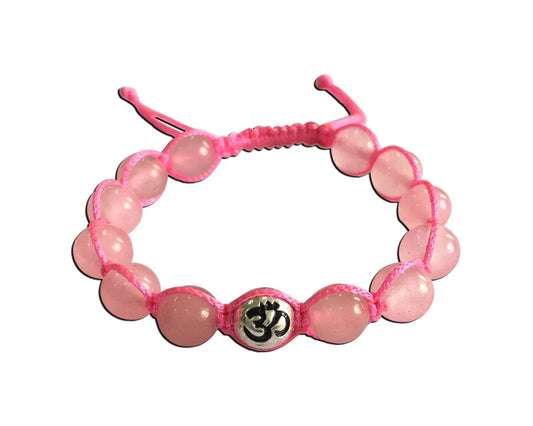 Rose quartz beads bracelet with silver om - Jewelslane