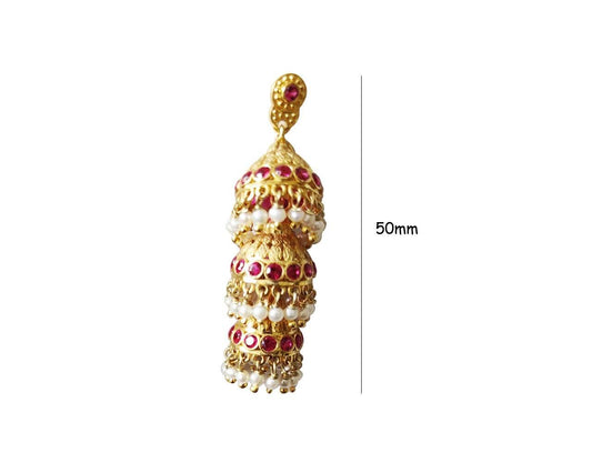 Silver gold plated jhumkis with pearls & red zircons - Jewelslane