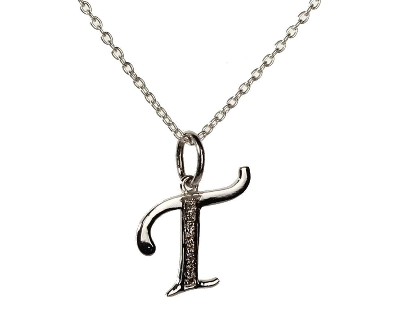 Alphabet T with diamonds in silver pendant - Jewelslane