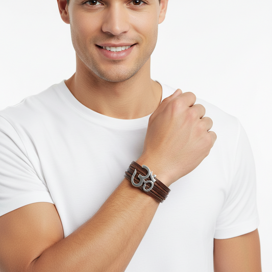 Wide Leather Om Bracelet - Jewelslane
