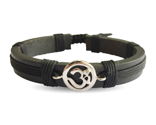 Auspicious Aum Bracelet in silver for Boys On Leather & Nylon Cord - Jewelslane