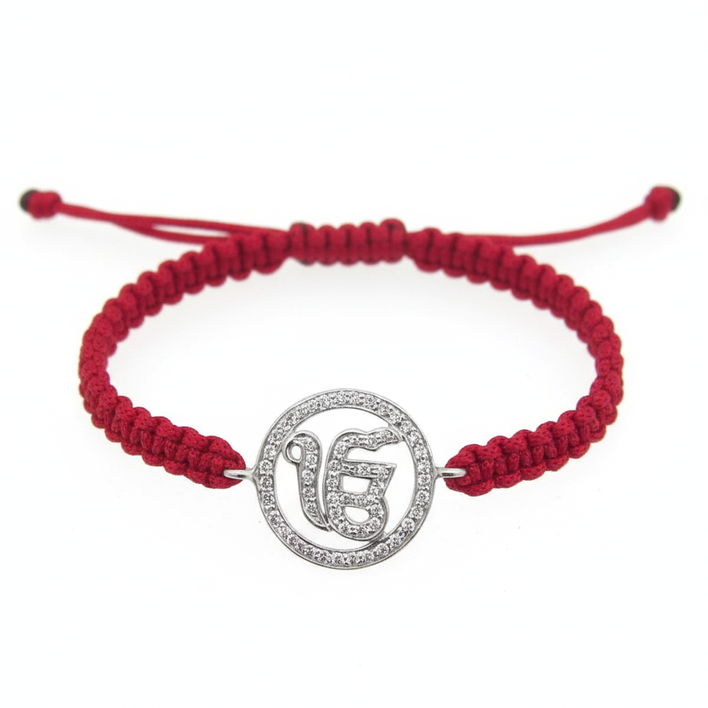 Ik Onkaar Bracelet in 925 Silver with Diamond on size adjustable Nylon Thread