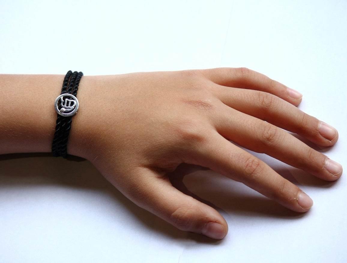 Ik Onkaar Bracelet in Silver with Diamonds on Braided Thread - Jewelslane