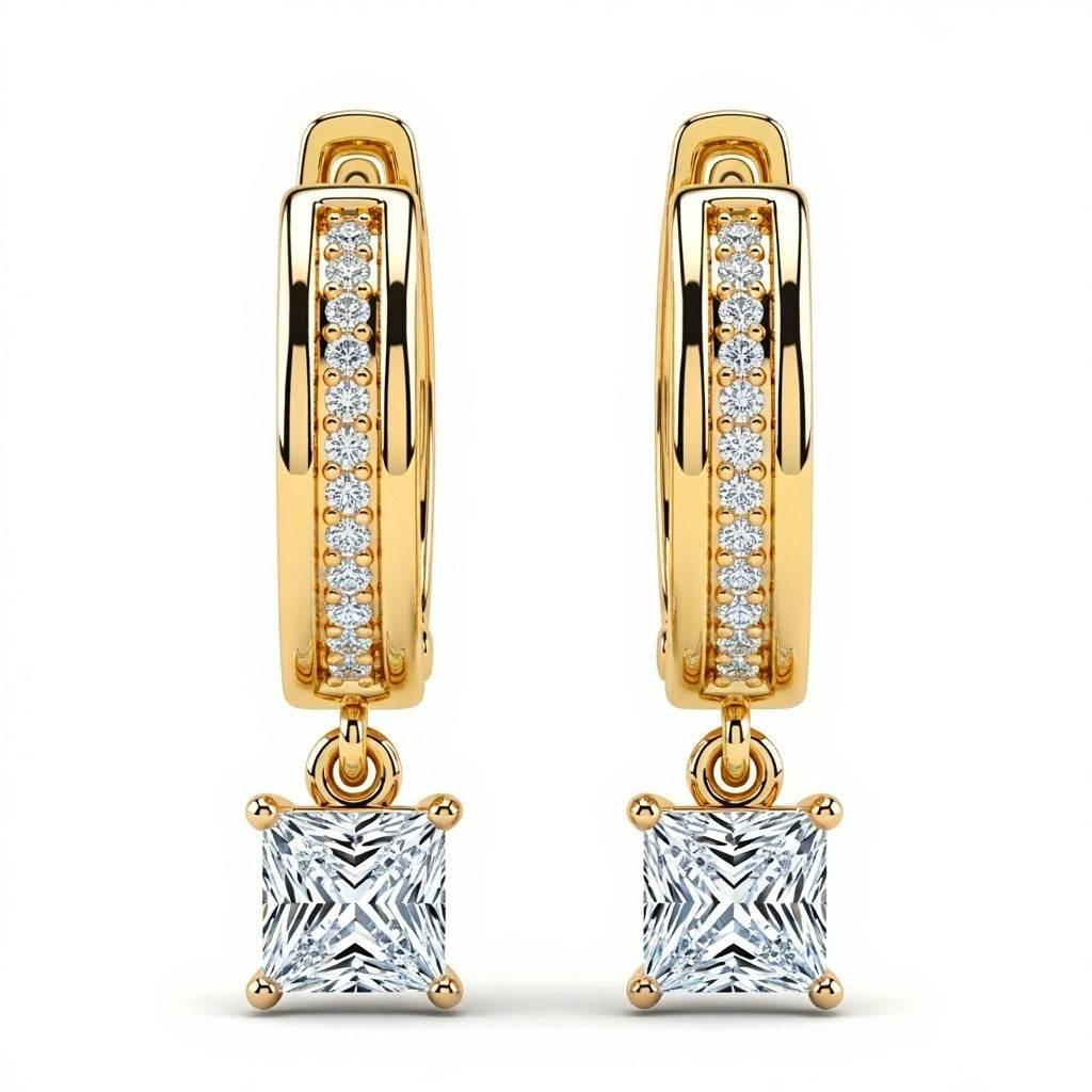 Gold Flo Princess Cut Lab Diamond Hoop Earrings