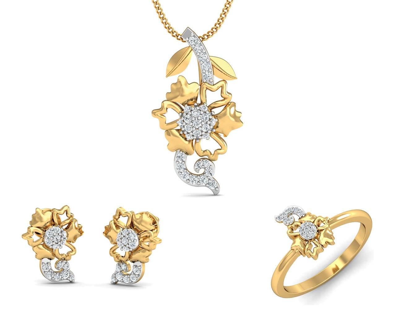 Flora designer diamond pendant, ring earring set in 14k